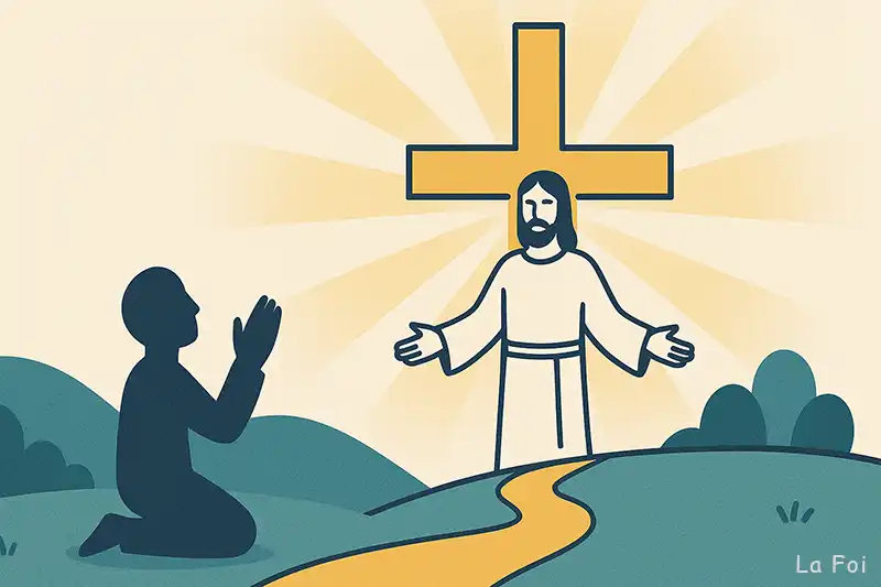 une personne a genoux qui prie devant Jésus-Christ